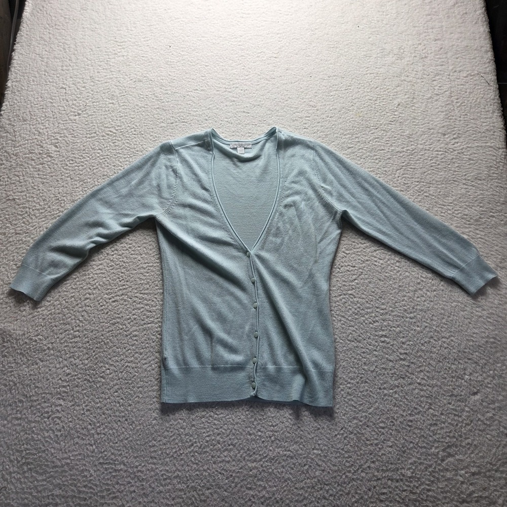 New York & Company Cardigan Sweater Womens Medium Blue V Neck 3/4 Sleeve Knit